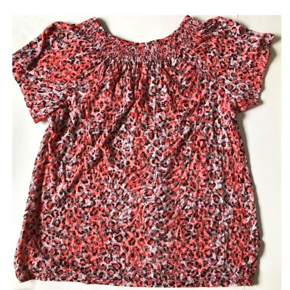 Sheer, Leopard Print, Cotton Blend Blouse, Sz Large, Salmon/Peach Orange, White - Picture 2 of 5